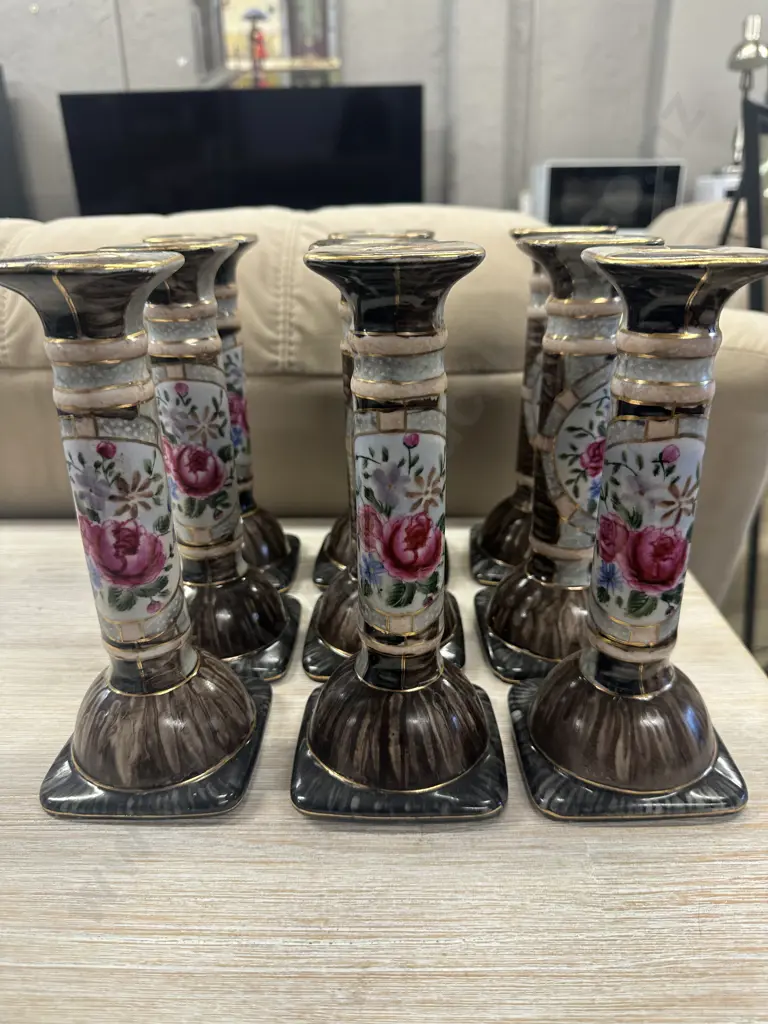 Oriental Themed Candle Stick Holders Brown/Floral x9 H21cm. Image 1++