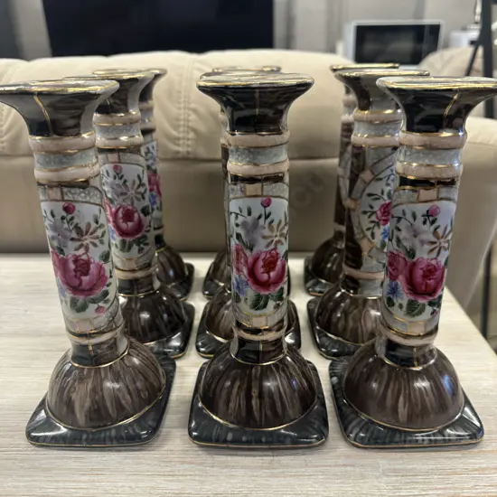 Oriental Themed Candle Stick Holders Brown/Floral x9 H21cm.