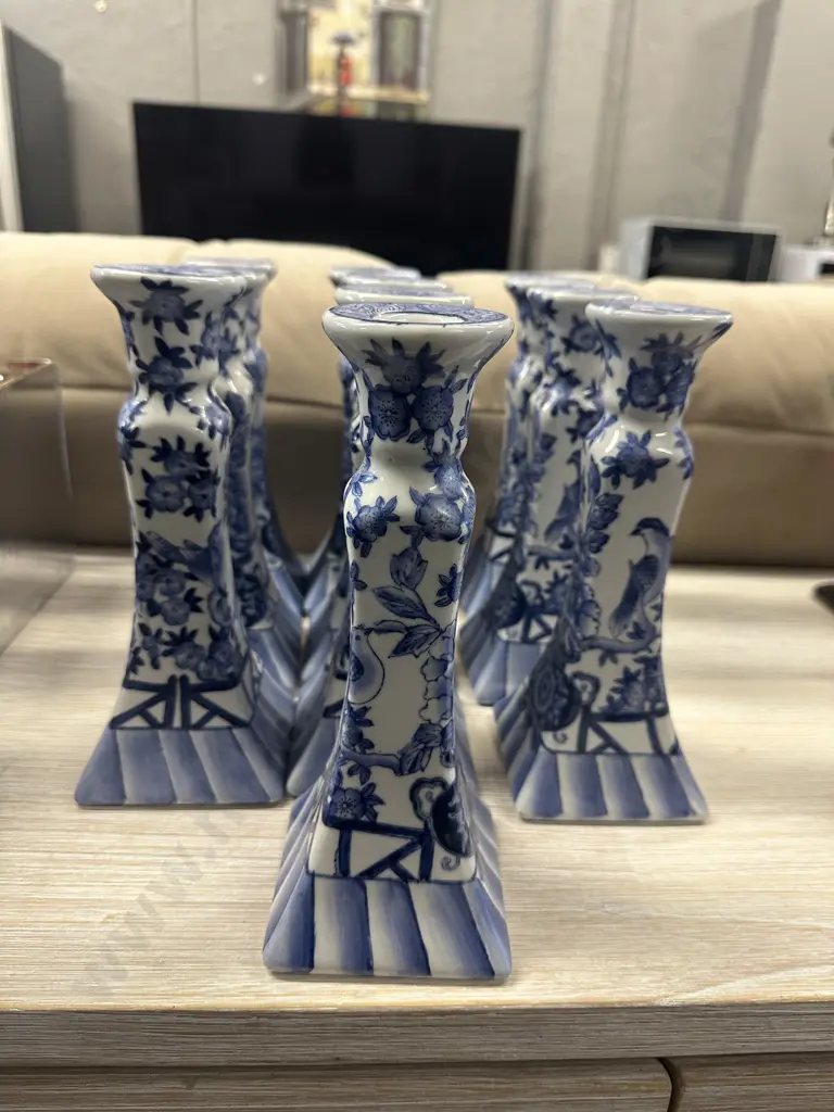 Oriental Themed Candle Stick Holders Blue & White Detail x10 H22cm. Image 1++