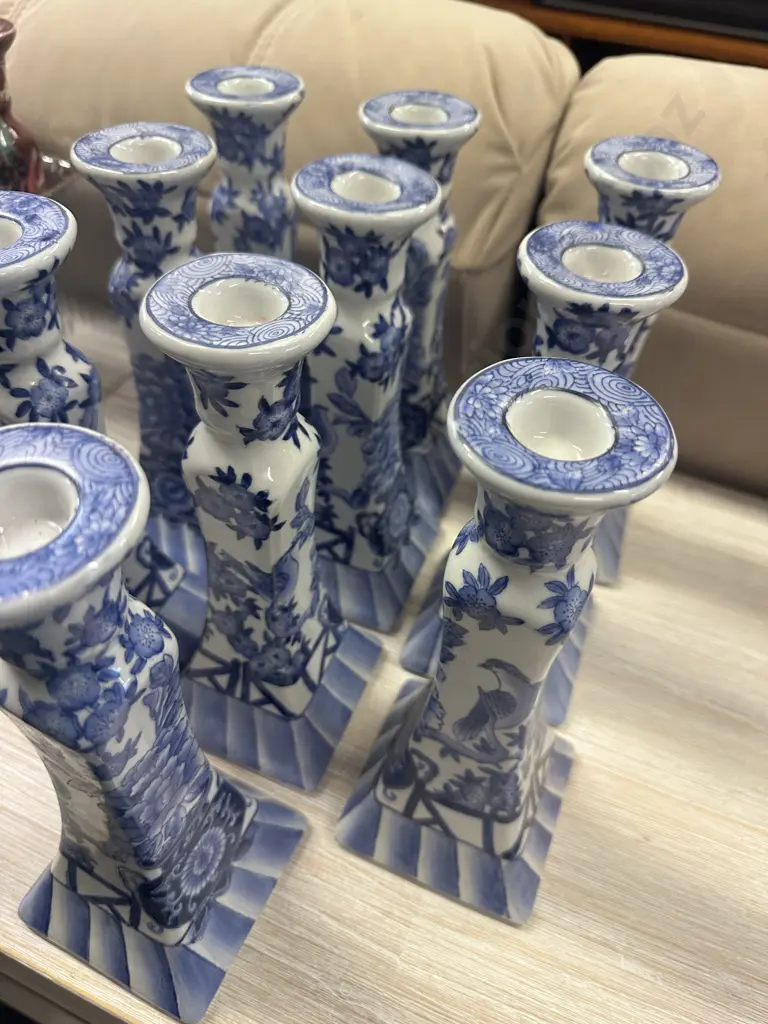 Oriental Themed Candle Stick Holders Blue & White Detail x10 H22cm. Image 1++