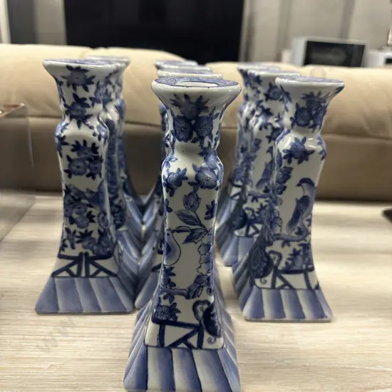 Oriental Themed Candle Stick Holders Blue & White Detail x10 H22cm.