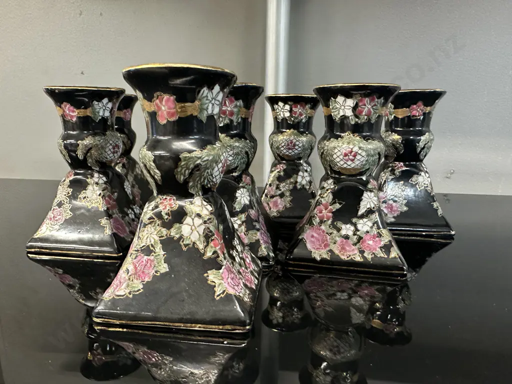 Oriental Themed Candle Stick Holders Black/Floral x8 H11cm Image 1++