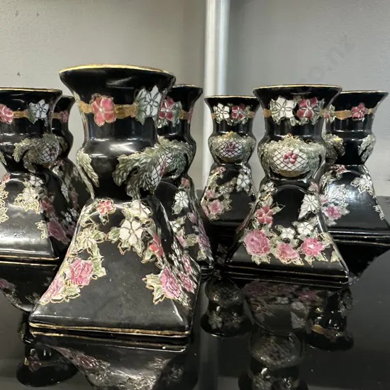Oriental Themed Candle Stick Holders Black/Floral x8 H11cm