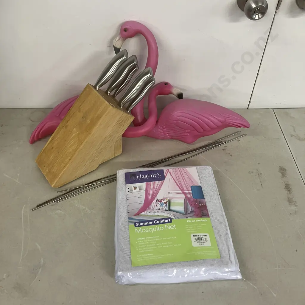 Pair of Plastic Flamingos, Mosquito Net, 5 Thomas Rosenthal Knives In Wooden Block Image 1++