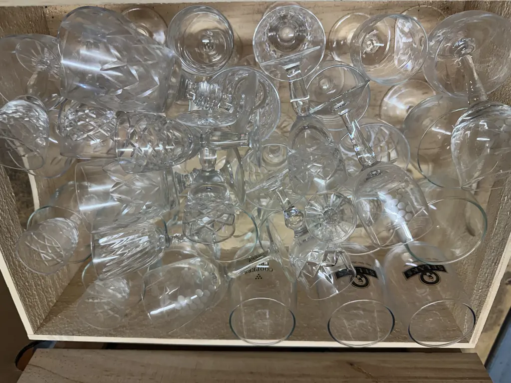 Wooden Box Of Glass & Crystal Items Image 1++