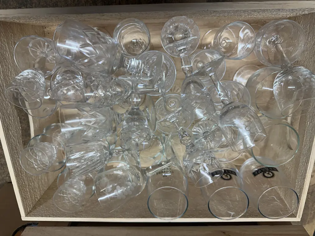 Wooden Box Of Glass & Crystal Items Image 1++