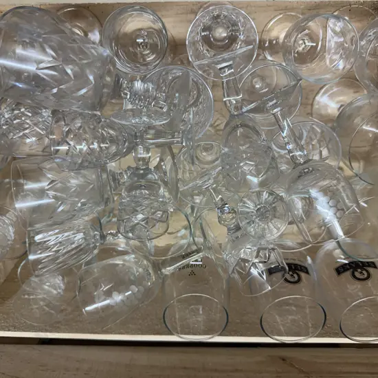 Wooden Box Of Glass & Crystal Items