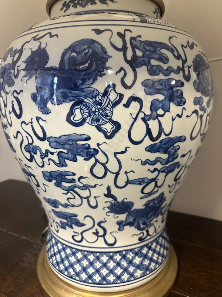 Large Ralph Lauren Blue & White Hand Painted Foo Dog Porcelain Lamp H89cm  Image 1++