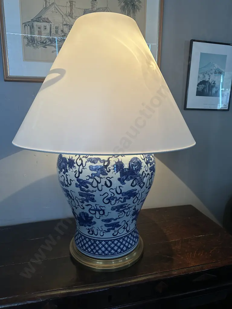Large Ralph Lauren Blue & White Hand Painted Foo Dog Porcelain Lamp H89cm  Image 1++