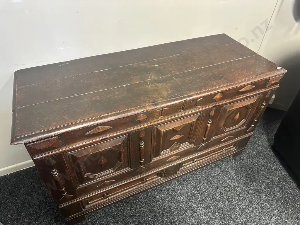 Antique English Oak Jacobean Coffer - Age 1660. H74 W130 D51cm Image 1++