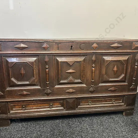Antique English Oak Jacobean Coffer - Age 1660. H74 W130 D51cm