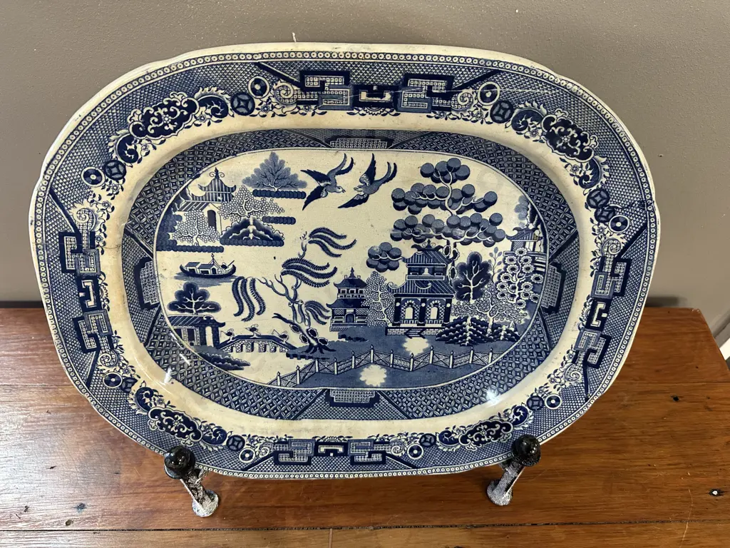 Antique C1800s English Blue Willow Ironstone Platter (as found) H32,L41cm. Image 1++