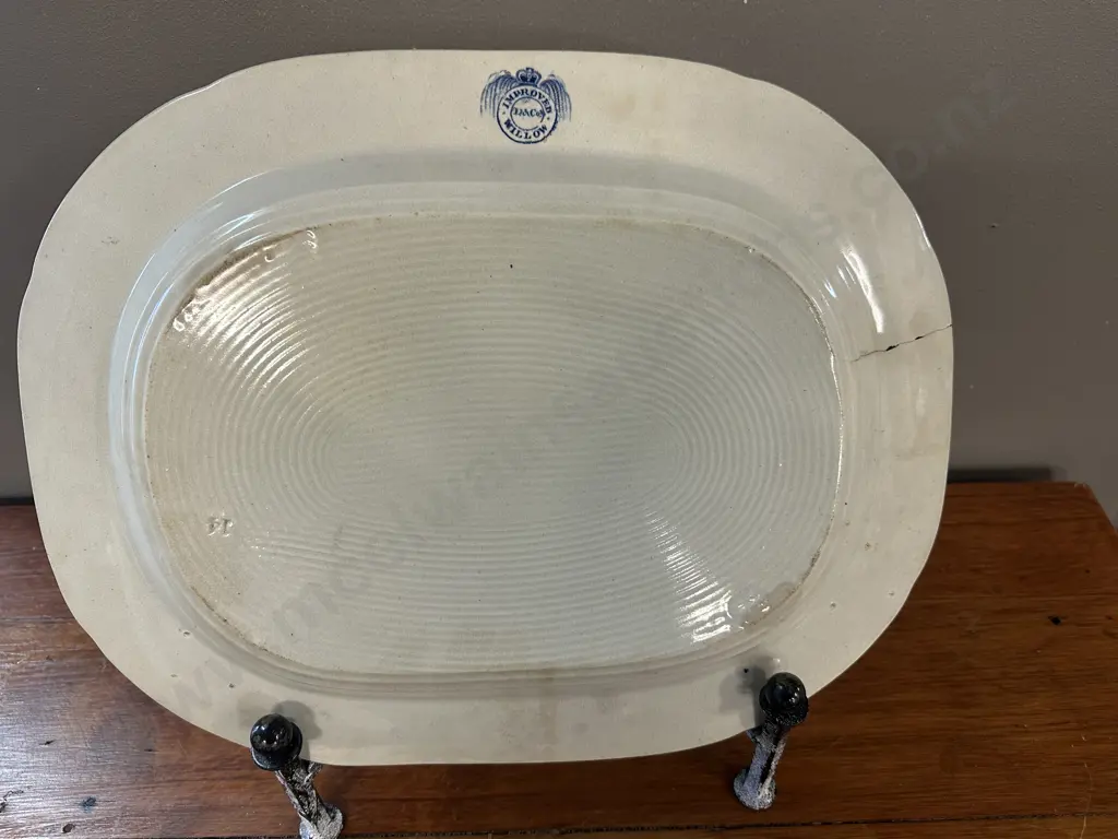 Antique C1800s English Blue Willow Ironstone Platter (as found) H32,L41cm. Image 1++