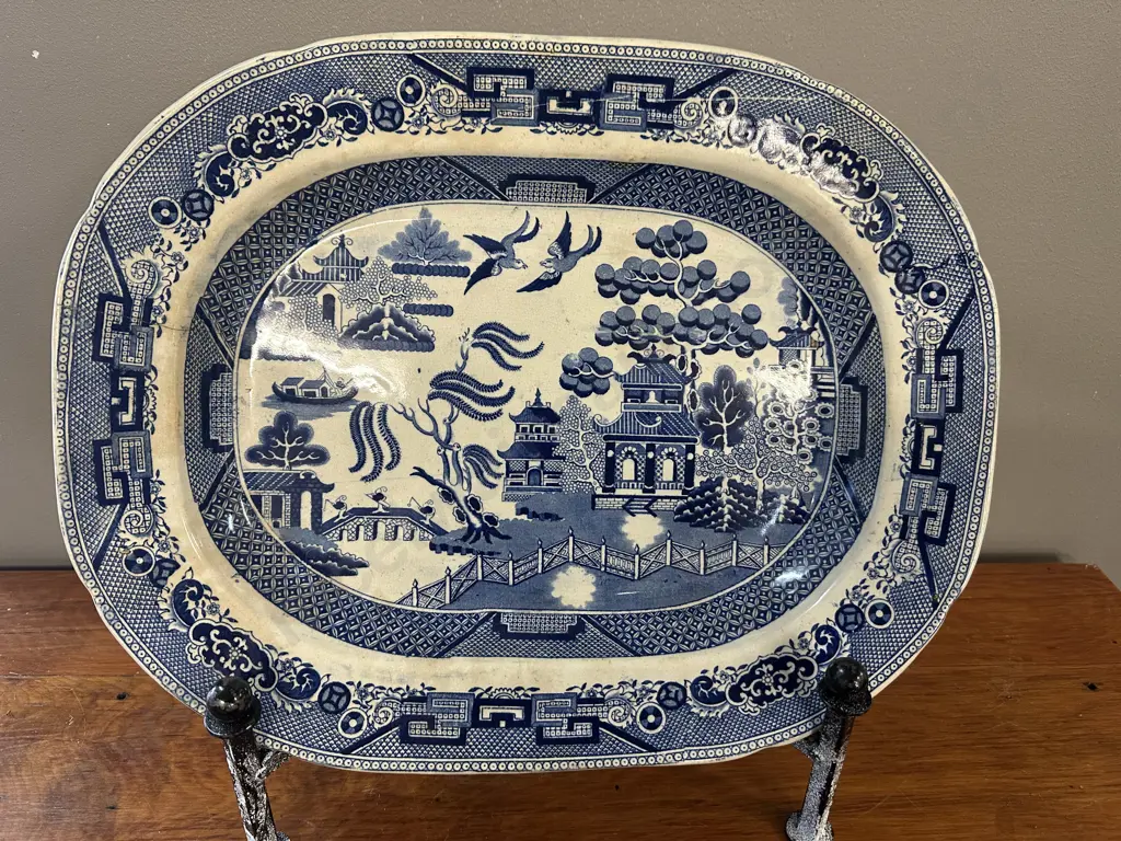 Antique C1800s English Blue Willow Ironstone Platter (as found) H32,L41cm. Image 1++