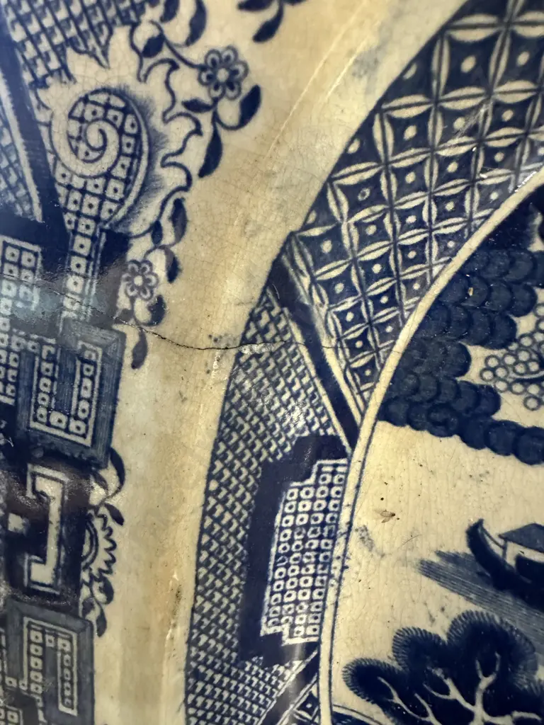 Antique C1800s English Blue Willow Ironstone Platter (as found) H32,L41cm. Image 1++