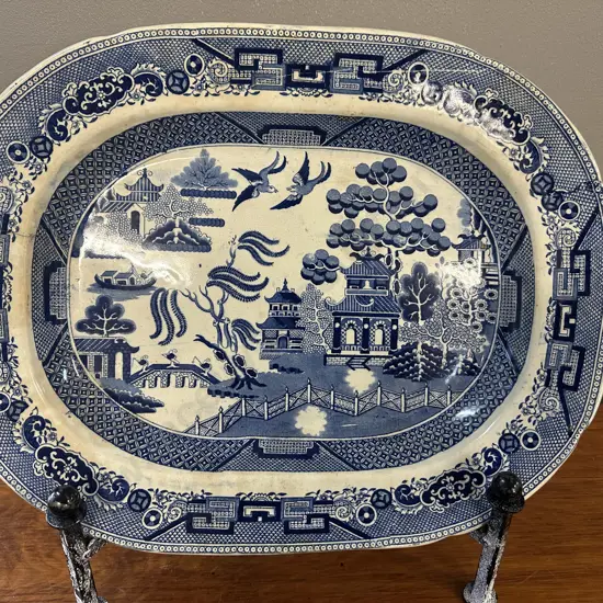 Antique C1800s English Blue Willow Ironstone Platter (as found) H32,L41cm.
