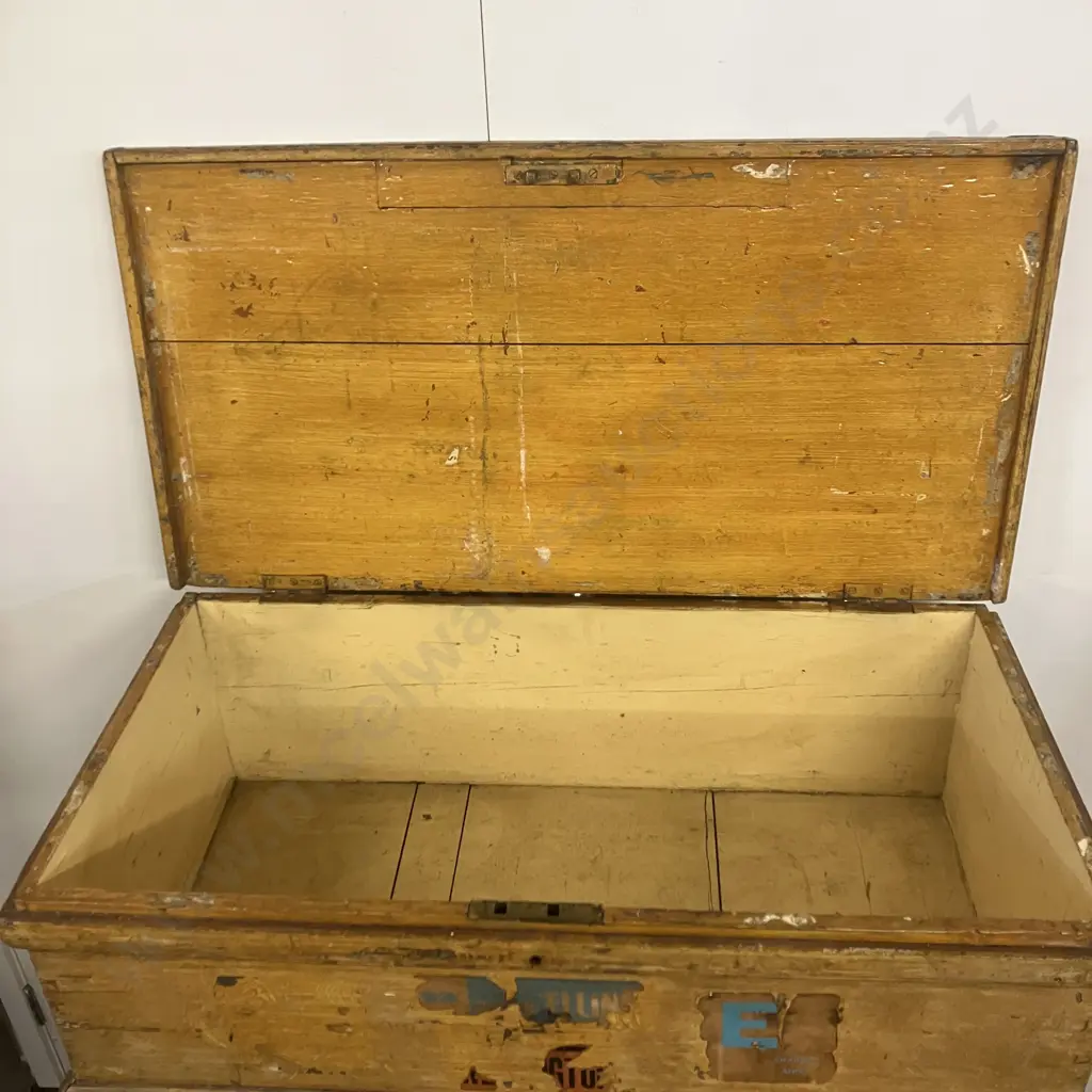 Antique Pine Chest Travel Trunk With Shipping Decals. H29 W91 D47cm Image 1++