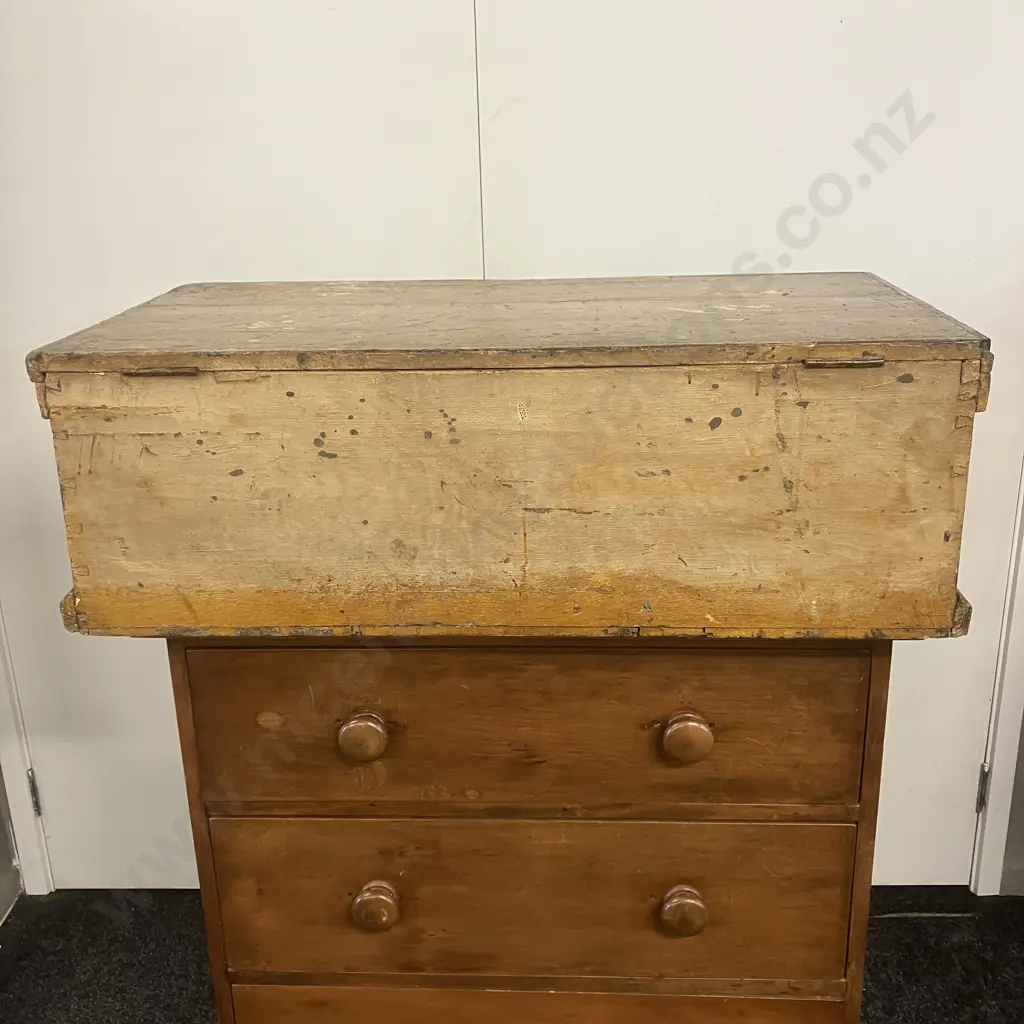Antique Pine Chest Travel Trunk With Shipping Decals. H29 W91 D47cm Image 1++