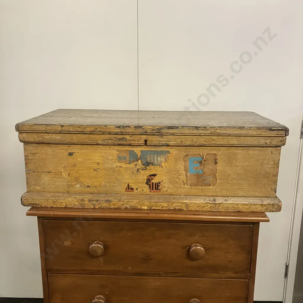 Antique Pine Chest Travel Trunk With Shipping Decals. H29 W91 D47cm Image 1++