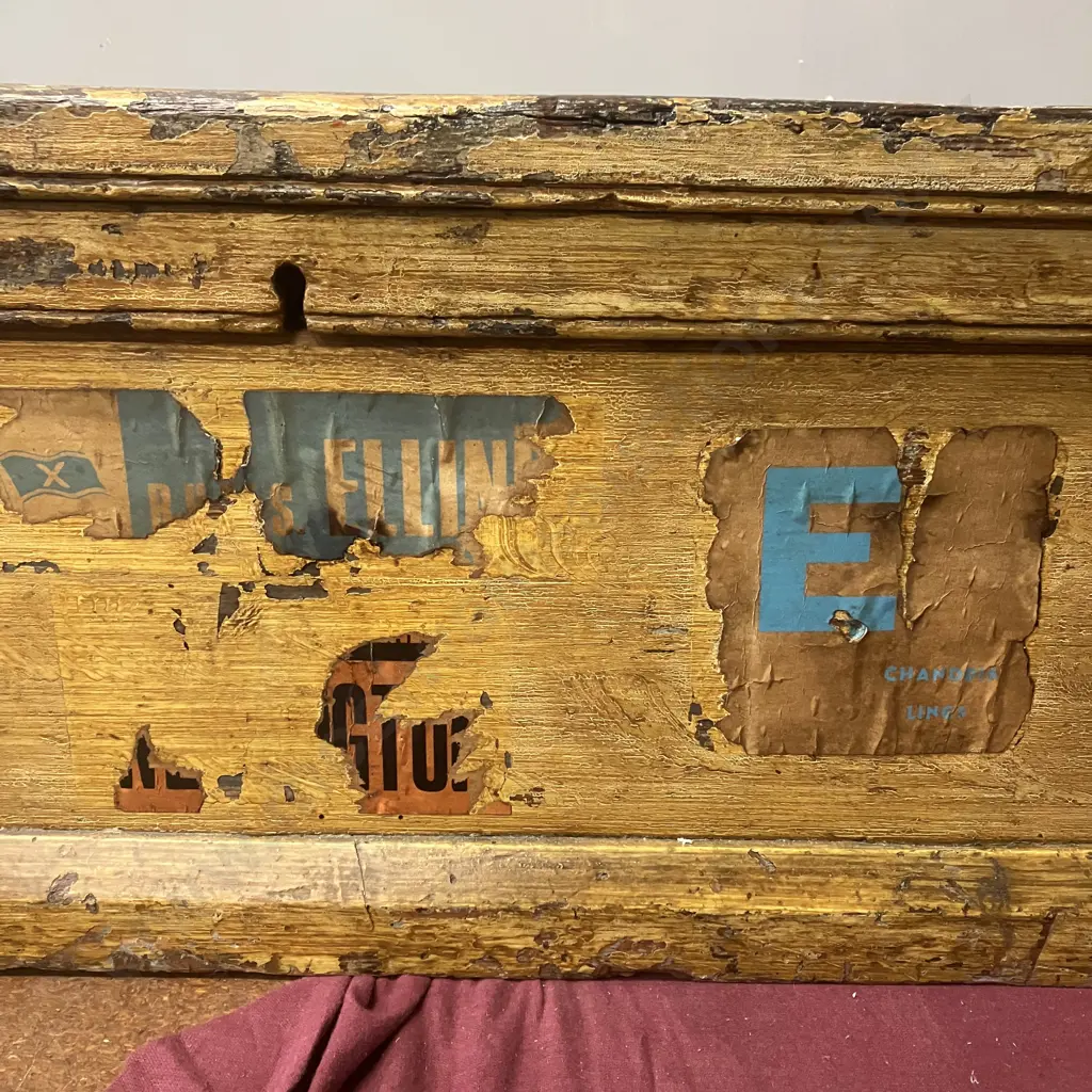 Antique Pine Chest Travel Trunk With Shipping Decals. H29 W91 D47cm Image 1++