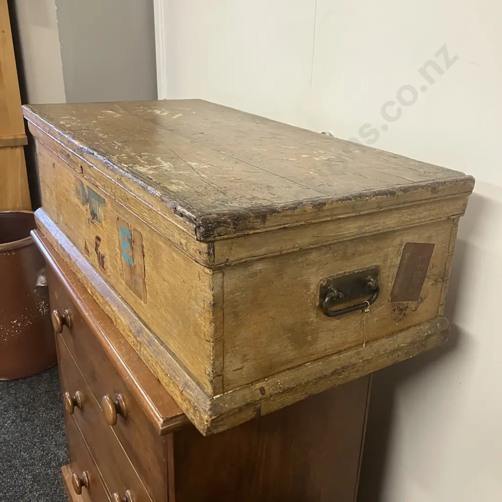 Antique Pine Chest Travel Trunk With Shipping Decals. H29 W91 D47cm Image 1++