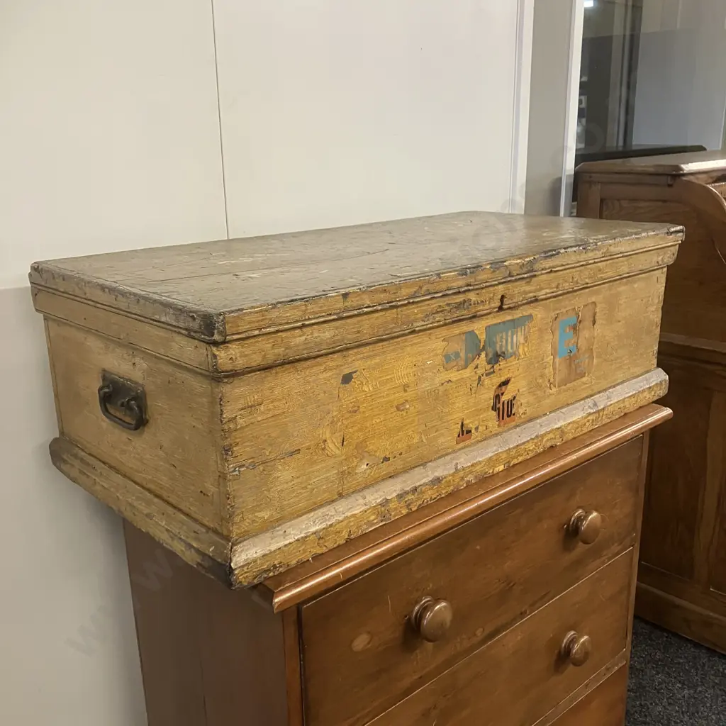 Antique Pine Chest Travel Trunk With Shipping Decals. H29 W91 D47cm Image 1++