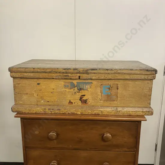 Antique Pine Chest Travel Trunk With Shipping Decals. H29 W91 D47cm