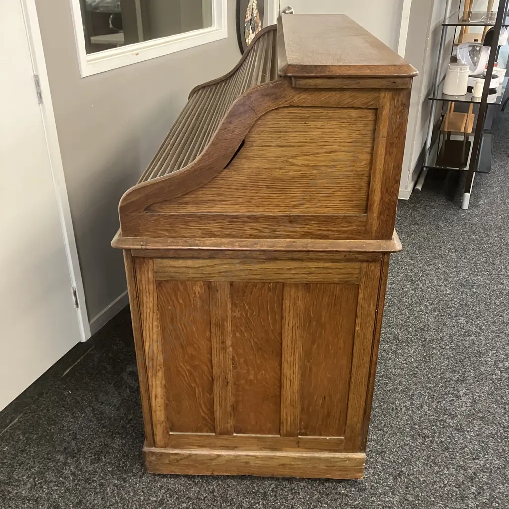 Antique Oak Roll Top Desk, Fitted Pigeon Hole Interior & Book Slides, Fielded Panels, Original Key. H118 W122 D69cm Image 1++