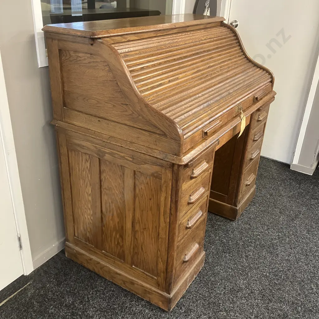 Antique Oak Roll Top Desk, Fitted Pigeon Hole Interior & Book Slides, Fielded Panels, Original Key. H118 W122 D69cm Image 1++