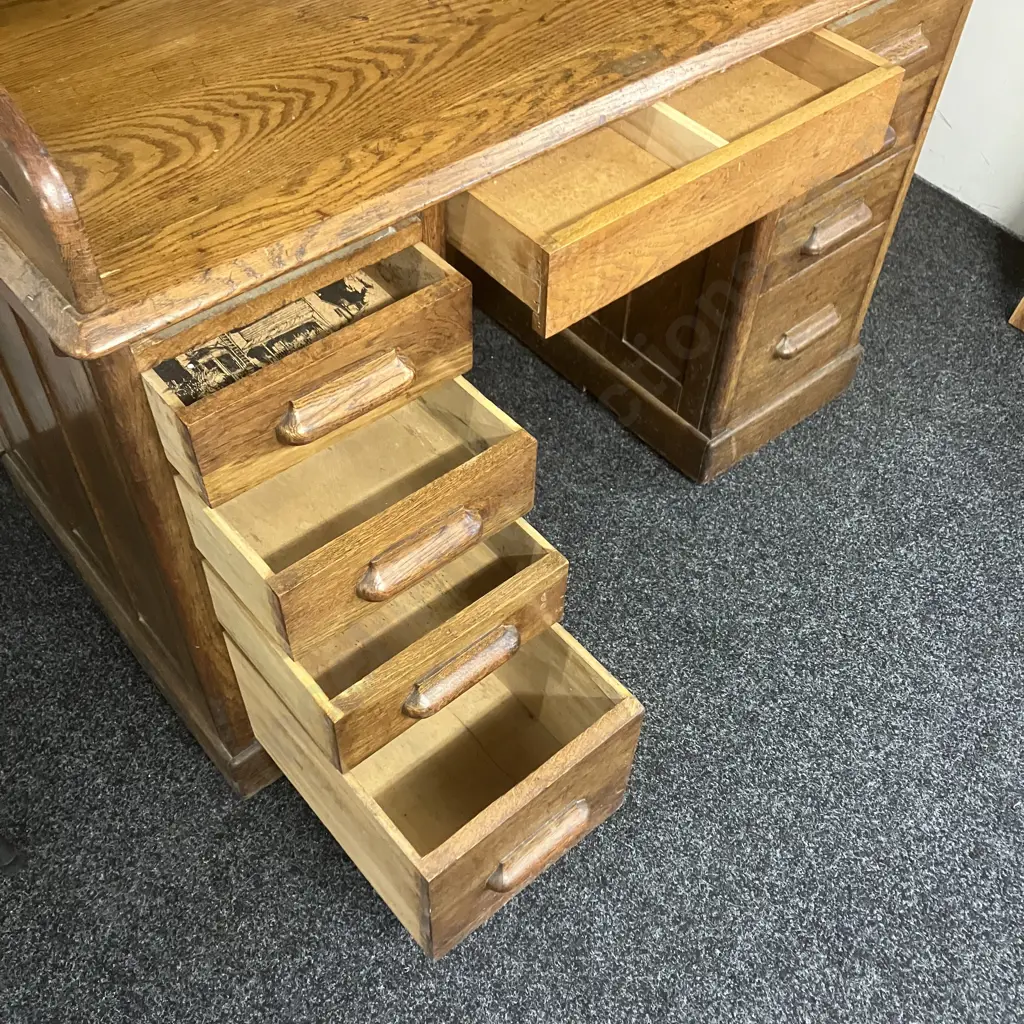 Antique Oak Roll Top Desk, Fitted Pigeon Hole Interior & Book Slides, Fielded Panels, Original Key. H118 W122 D69cm Image 1++