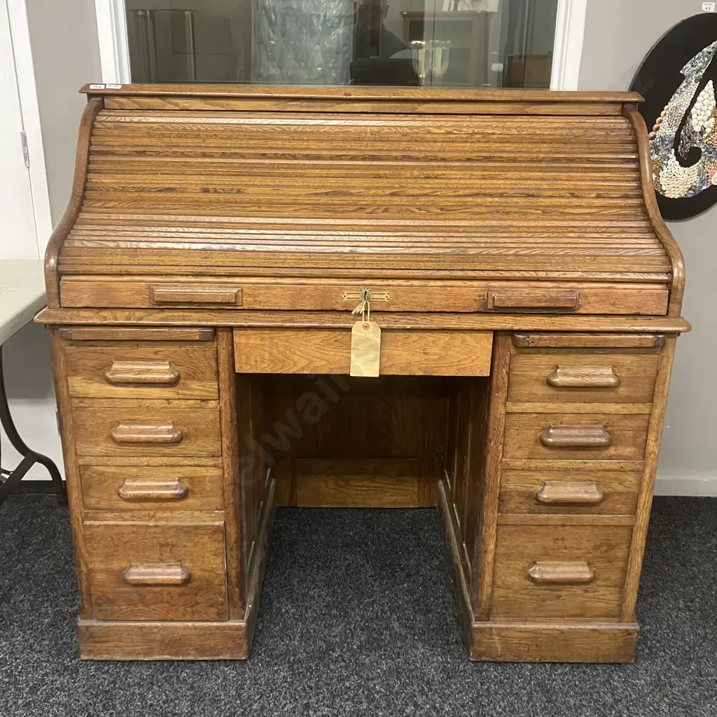 Antique Oak Roll Top Desk, Fitted Pigeon Hole Interior & Book Slides, Fielded Panels, Original Key. H118 W122 D69cm Image 1++