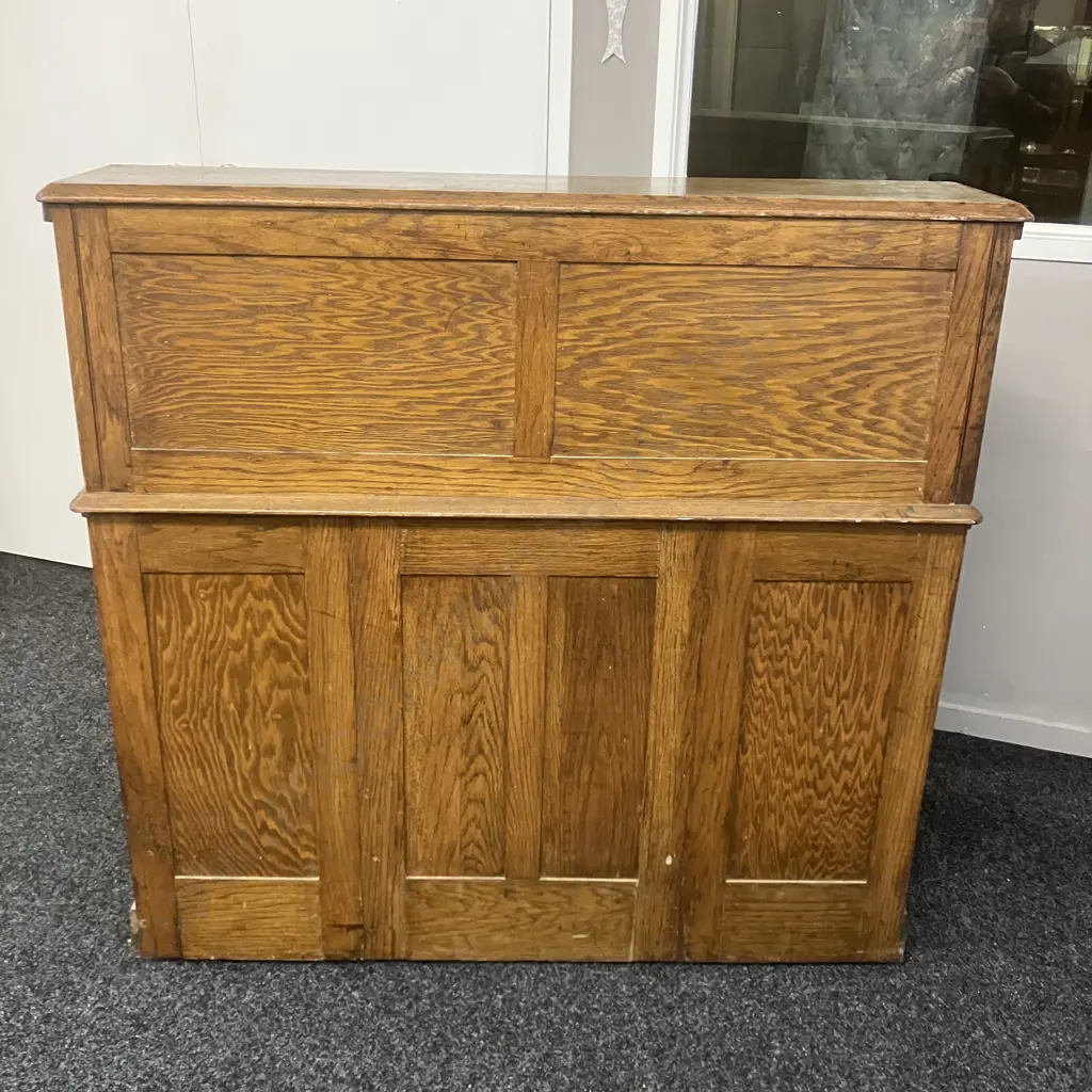 Antique Oak Roll Top Desk, Fitted Pigeon Hole Interior & Book Slides, Fielded Panels, Original Key. H118 W122 D69cm Image 1++