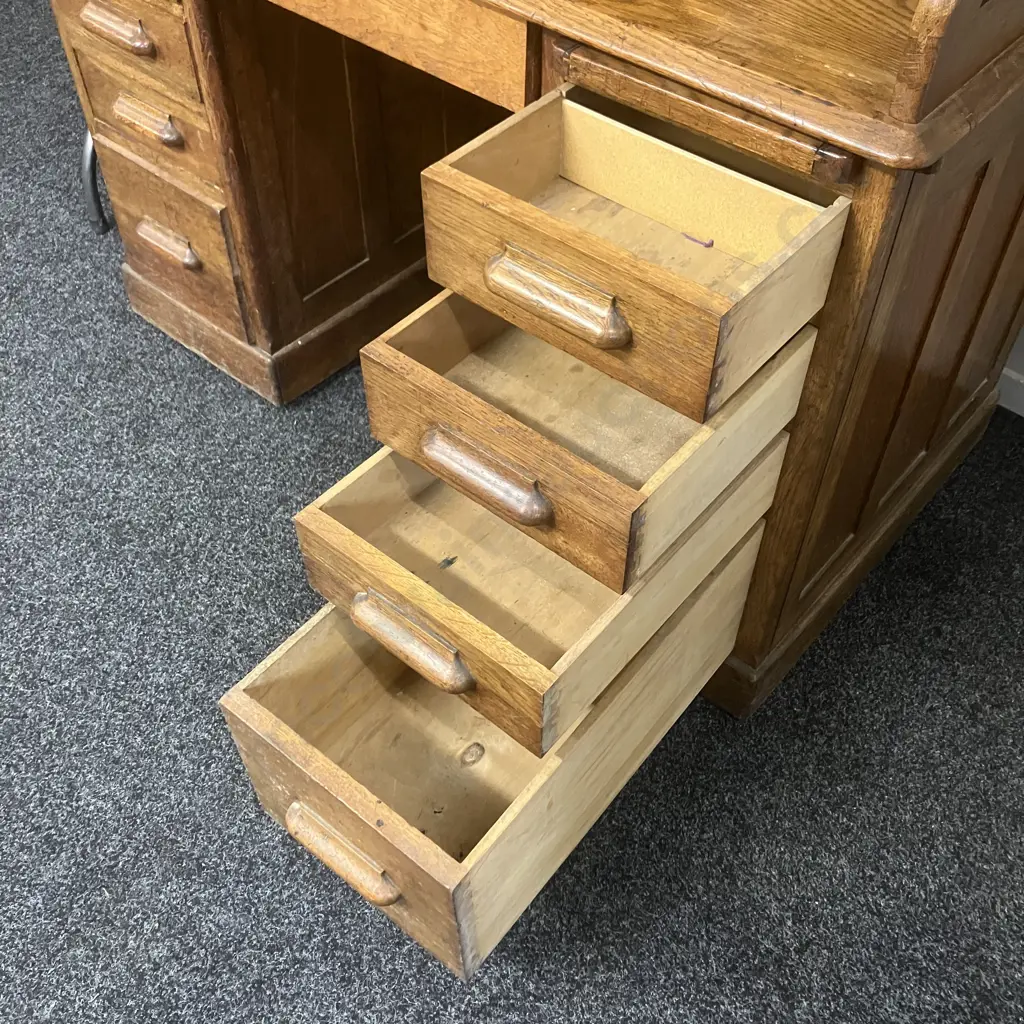 Antique Oak Roll Top Desk, Fitted Pigeon Hole Interior & Book Slides, Fielded Panels, Original Key. H118 W122 D69cm Image 1++