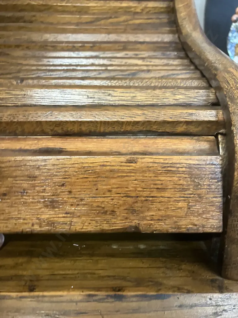 Antique Oak Roll Top Desk, Fitted Pigeon Hole Interior & Book Slides, Fielded Panels, Original Key. H118 W122 D69cm Image 1++