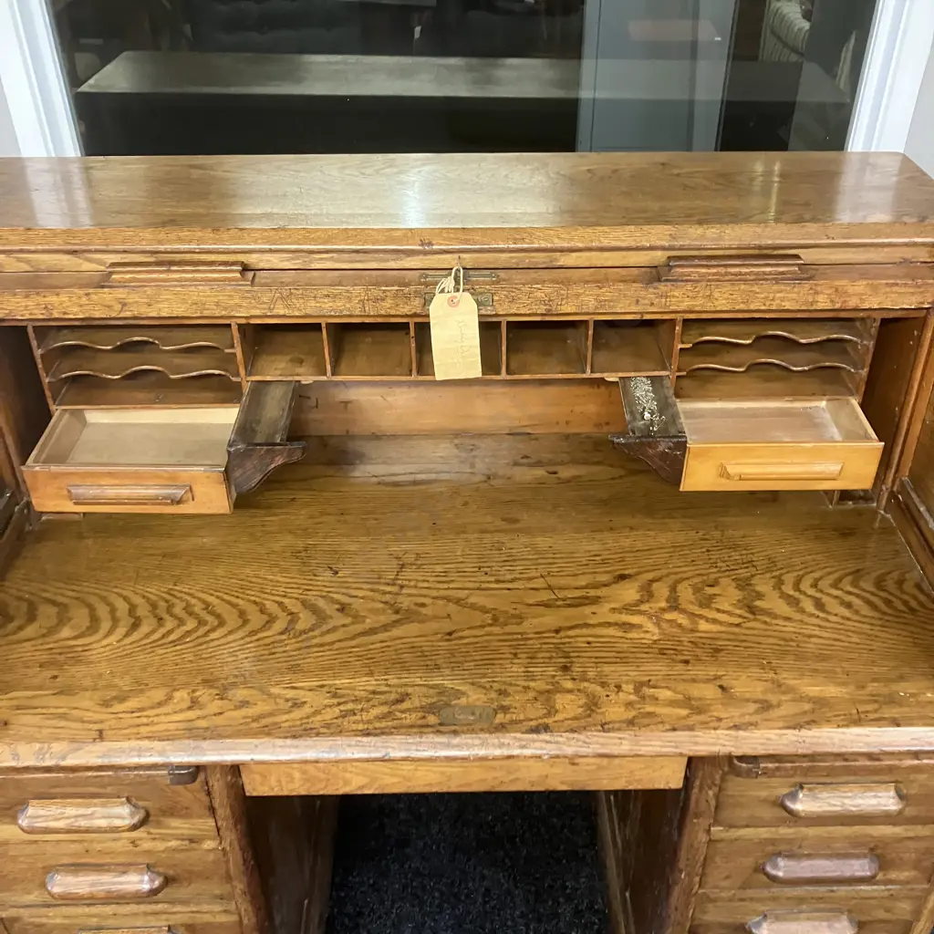 Antique Oak Roll Top Desk, Fitted Pigeon Hole Interior & Book Slides, Fielded Panels, Original Key. H118 W122 D69cm Image 1++