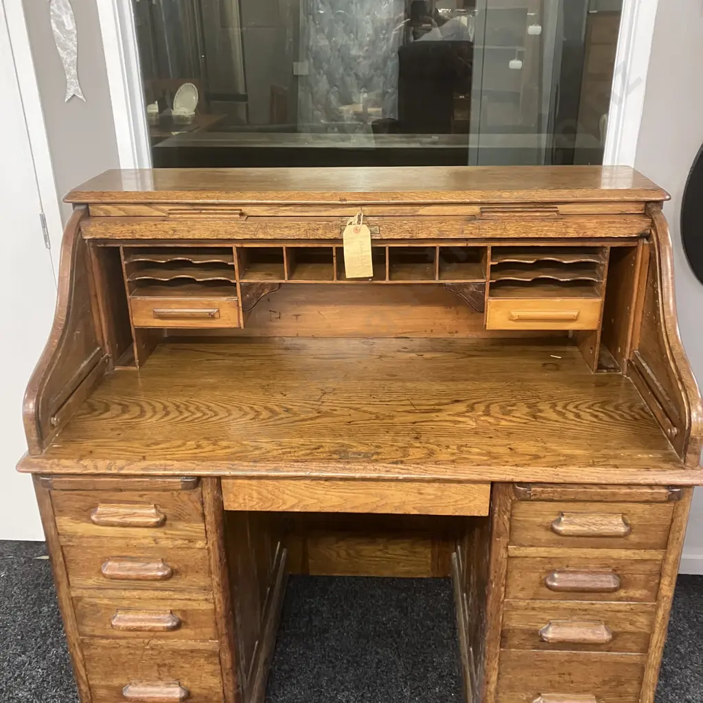 Antique Oak Roll Top Desk, Fitted Pigeon Hole Interior & Book Slides, Fielded Panels, Original Key. H118 W122 D69cm Image 1++