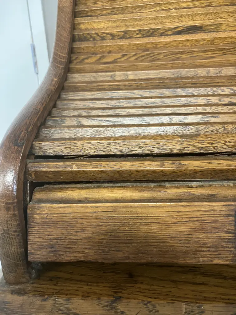 Antique Oak Roll Top Desk, Fitted Pigeon Hole Interior & Book Slides, Fielded Panels, Original Key. H118 W122 D69cm Image 1++