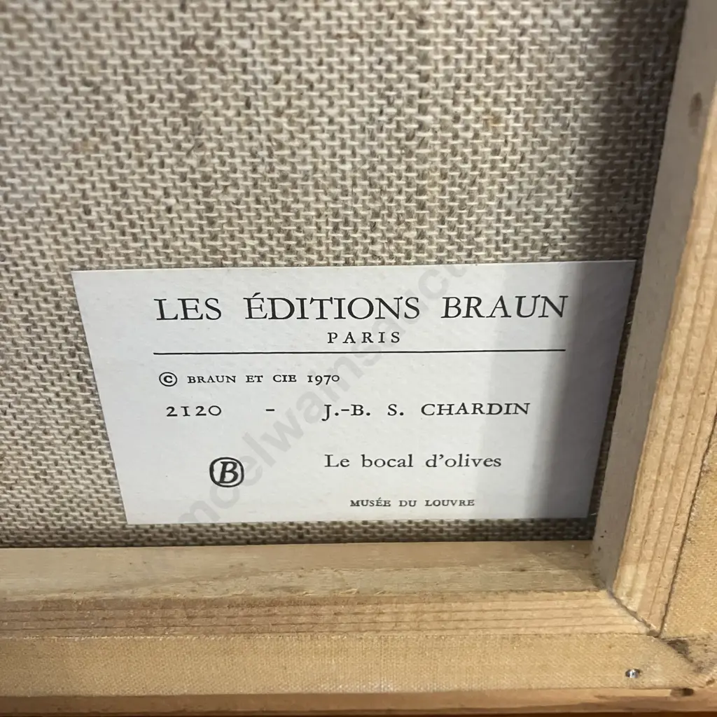 Vintage French Les Editions Braun Framed Reproductions Chardin Saying Thanks 1956 & Le bocal d'olives 1970 Image 1++