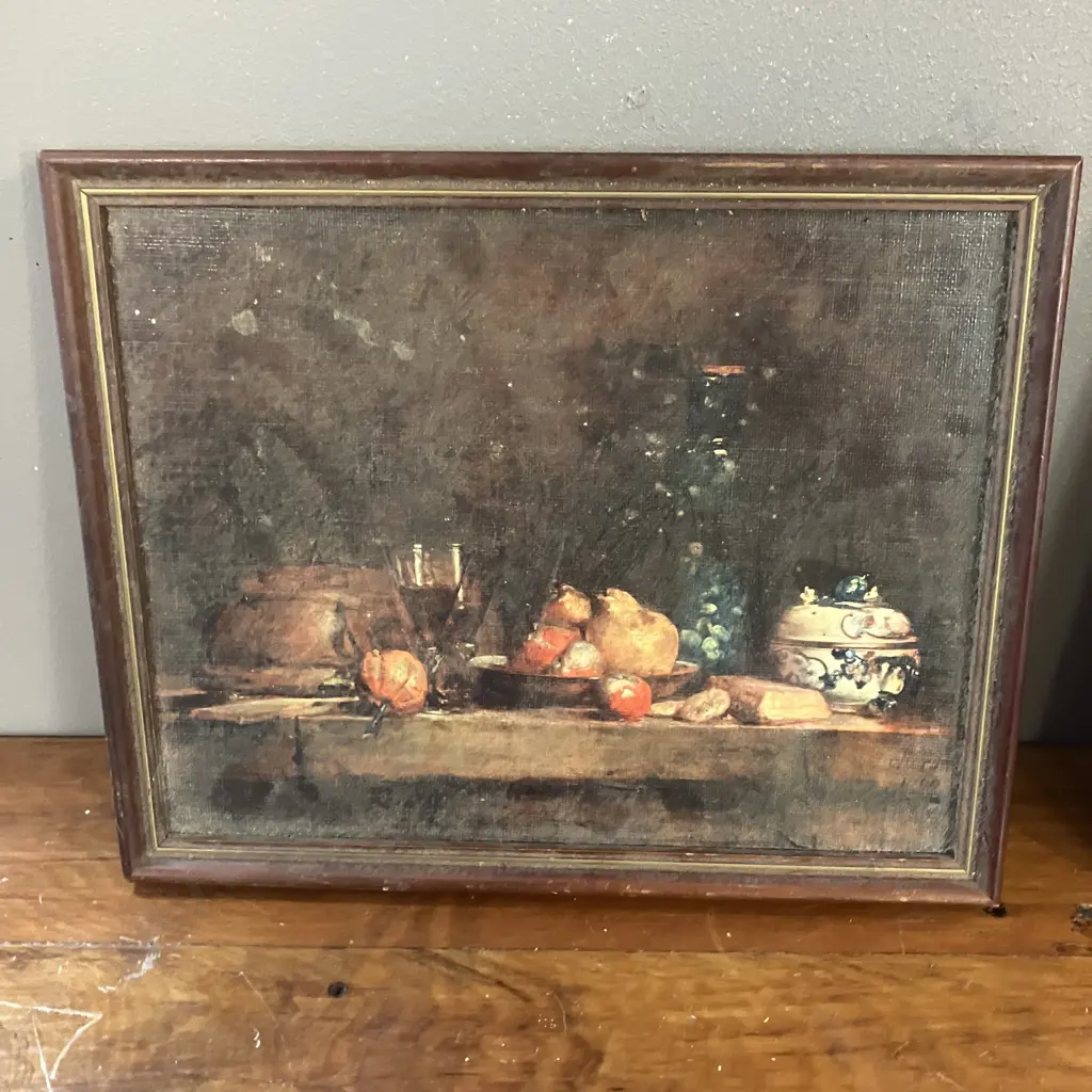 Vintage French Les Editions Braun Framed Reproductions Chardin Saying Thanks 1956 & Le bocal d'olives 1970 Image 1++