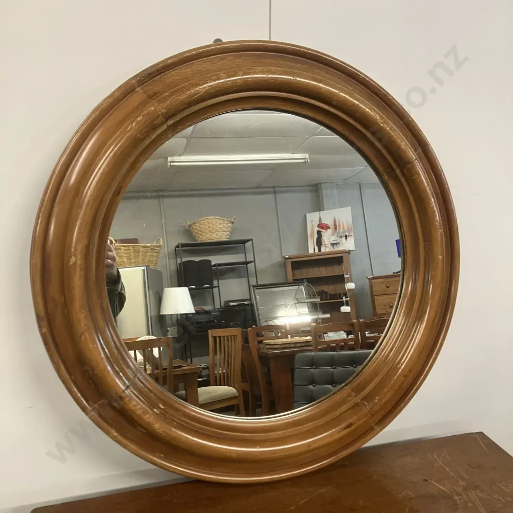 Antique Kauri Framed Round Wall Mirror. 71cm Image 1++