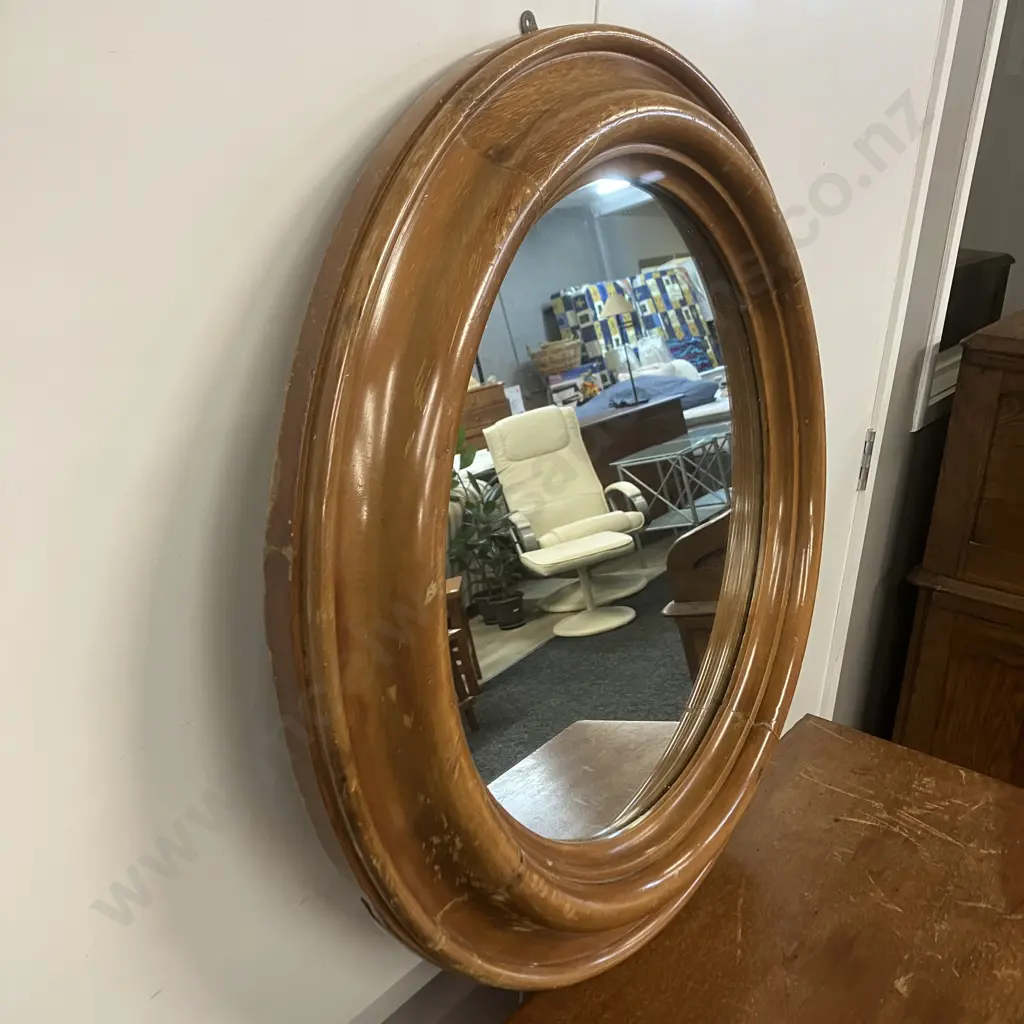 Antique Kauri Framed Round Wall Mirror. 71cm Image 1++