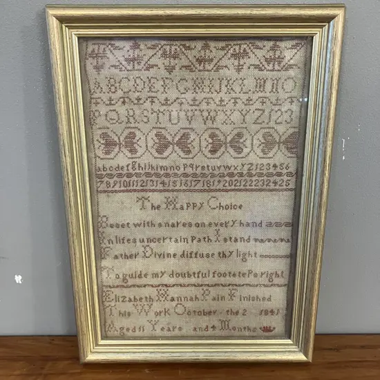 c1841 Small Framed Victorian Antique Alphabet Sampler & Happy Choice Verse by Elizabeth Hannah Rain. 35 x 25cm