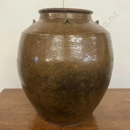 Large 19th Century Chinese Brown Glazed Storage Jar, Small Handles On The Shoulders. 39 x 34cm