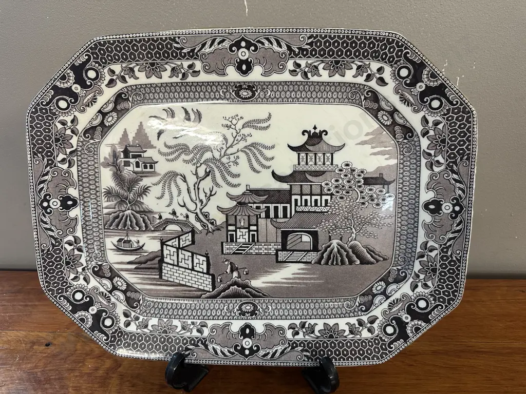 Rare Brown Blue Willow Pattern Platter Stamped Burleigh Ware H26.5cm,W34cm. Image 1++