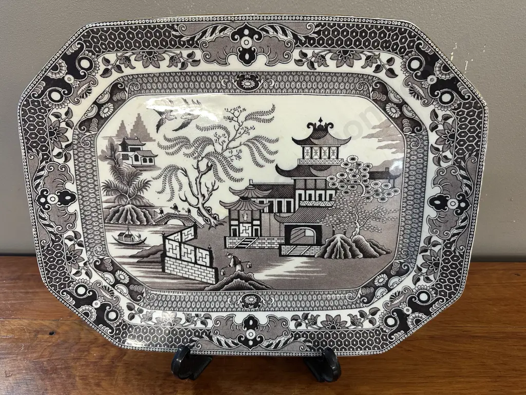 Rare Brown Blue Willow Pattern Platter Stamped Burleigh Ware H26.5cm,W34cm. Image 1++