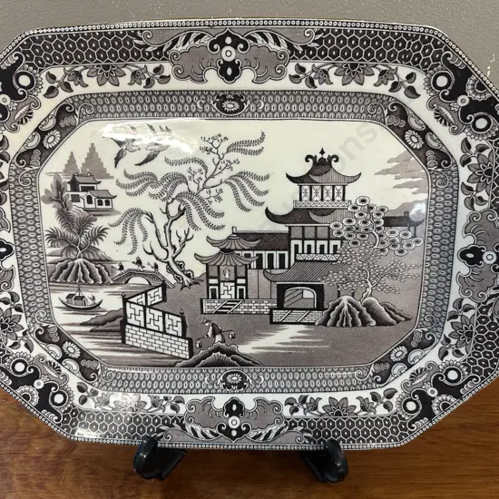 Rare Brown Blue Willow Pattern Platter Stamped Burleigh Ware H26.5cm,W34cm.