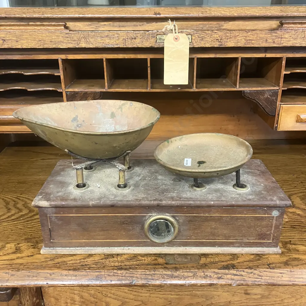 Antique W&T Avery Ltd English Brass Balance Scales , Apothecary Scale With Wood Base. Late 19th to Early 20th Century Image 1++