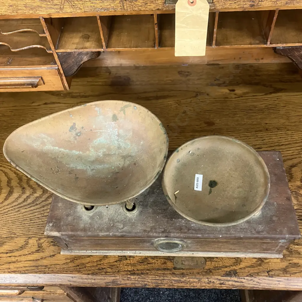 Antique W&T Avery Ltd English Brass Balance Scales , Apothecary Scale With Wood Base. Late 19th to Early 20th Century Image 1++