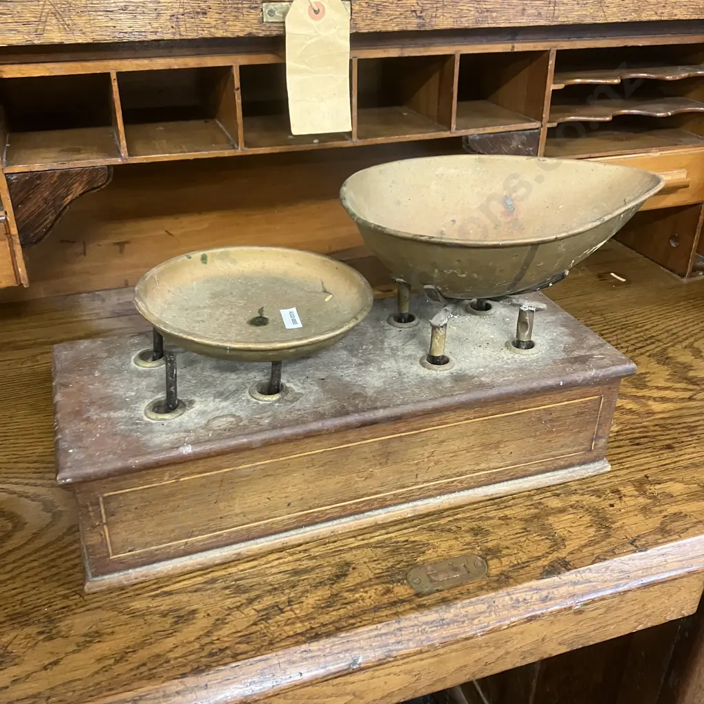 Antique W&T Avery Ltd English Brass Balance Scales , Apothecary Scale With Wood Base. Late 19th to Early 20th Century Image 1++
