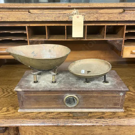 Antique W&T Avery Ltd English Brass Balance Scales , Apothecary Scale With Wood Base. Late 19th to Early 20th Century